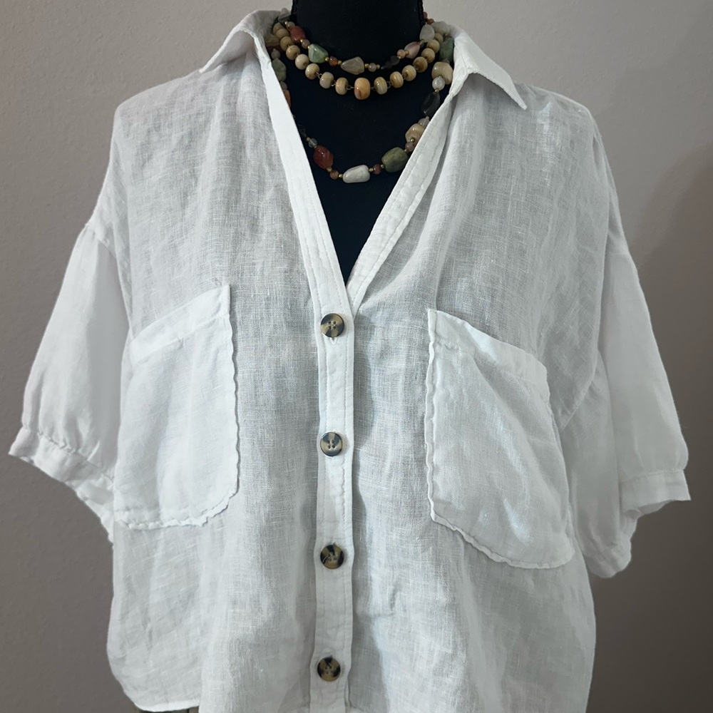 Zara White Linen Blend Button Up Blouse Women’s Medium Short Sleeve Oversized